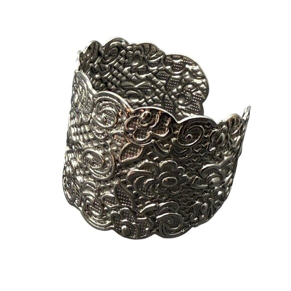 Silver Plated Wide Cuff Bracelet With Intricate Floral & Swirl Design Adjustable - Picture 6 of 7